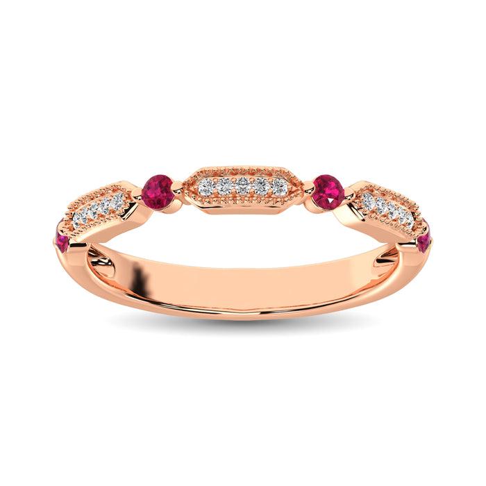 Diamond 1/5 Ct.Tw. And Ruby Stack Band in 14K Rose Gold ( 15 Diamond and 4 Ruby )