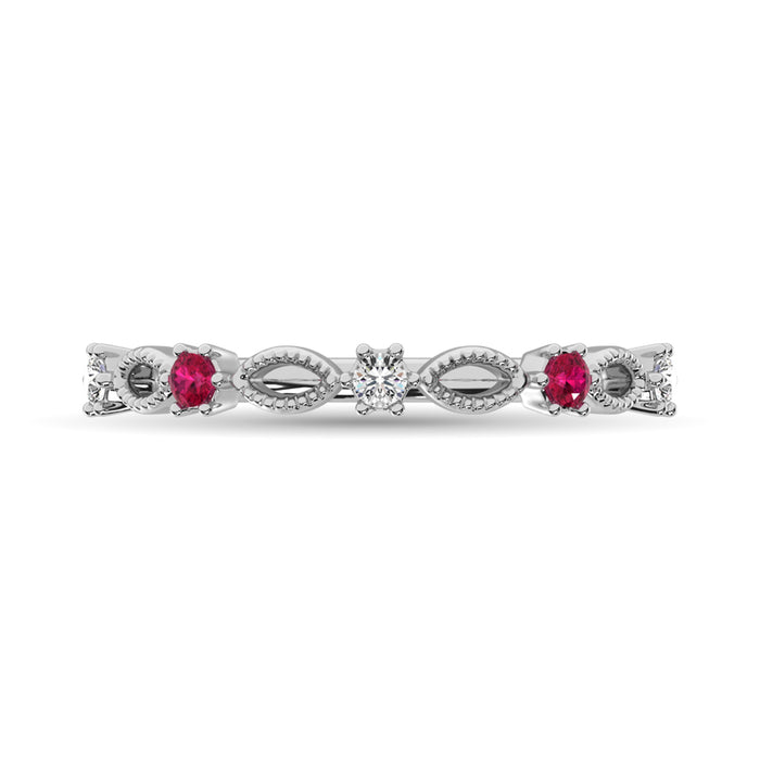 Diamond 1/5 Ct.Tw. And Ruby Stack Band in 14K White Gold ( 3 Diamond and 2 Ruby )