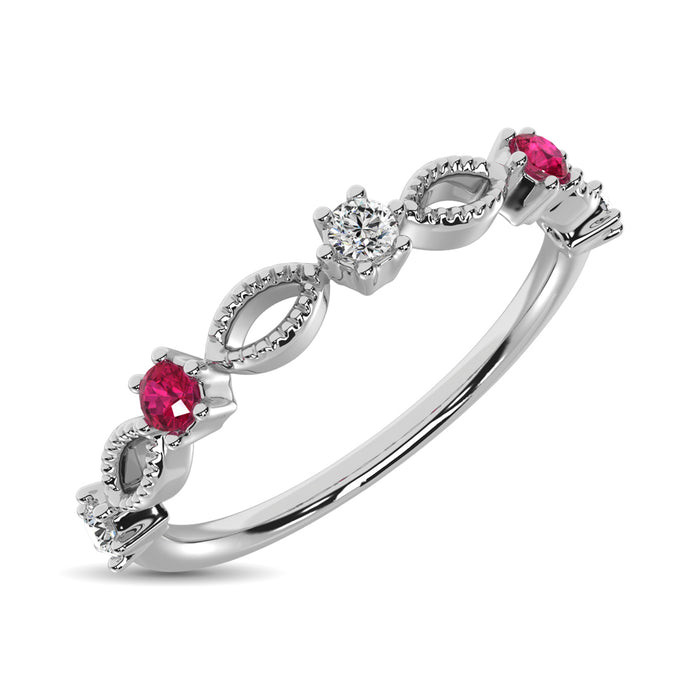 Diamond 1/5 Ct.Tw. And Ruby Stack Band in 14K White Gold ( 3 Diamond and 2 Ruby )