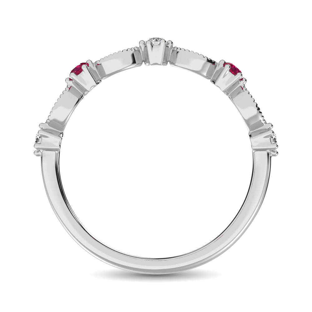 Diamond 1/5 Ct.Tw. And Ruby Stack Band in 14K White Gold ( 3 Diamond and 2 Ruby )