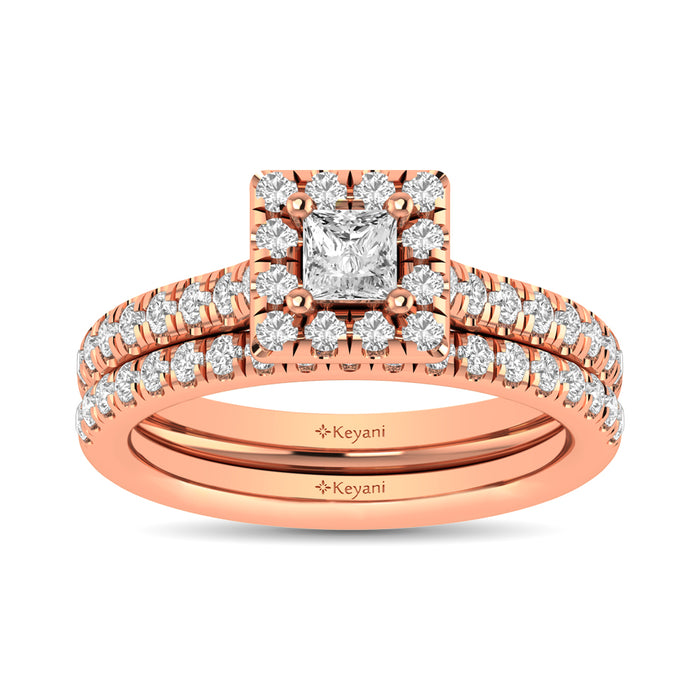 Diamond Classic Shank Single Halo Bridal Ring 1 ct tw Princess Cut in 14K Rose Gold