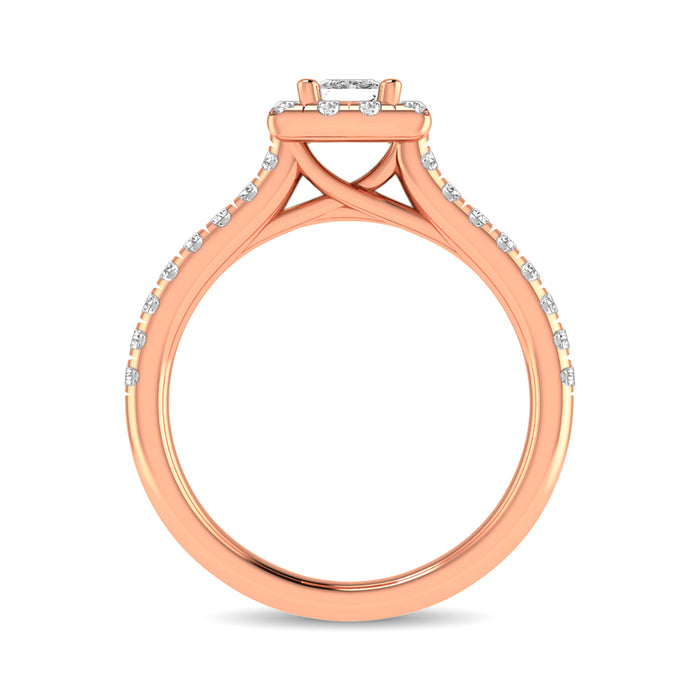 Diamond Classic Shank Single Halo Bridal Ring 1 ct tw Princess Cut in 14K Rose Gold