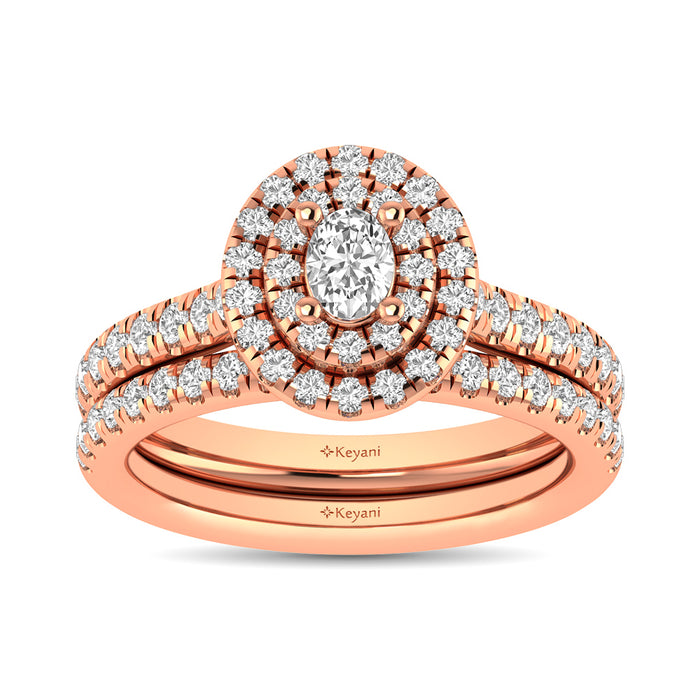 Diamond Classic Shank Double Halo Bridal Ring 1 ct tw Oval Cut in 14K Rose Gold