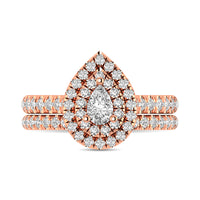 Thumbnail for Diamond Classic Shank Double Halo Bridal Ring 1 ct tw Pear Cut in 14K Rose Gold