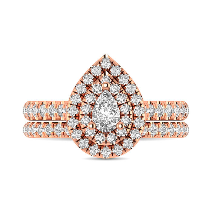 Diamond Classic Shank Double Halo Bridal Ring 1 ct tw Pear Cut in 14K Rose Gold