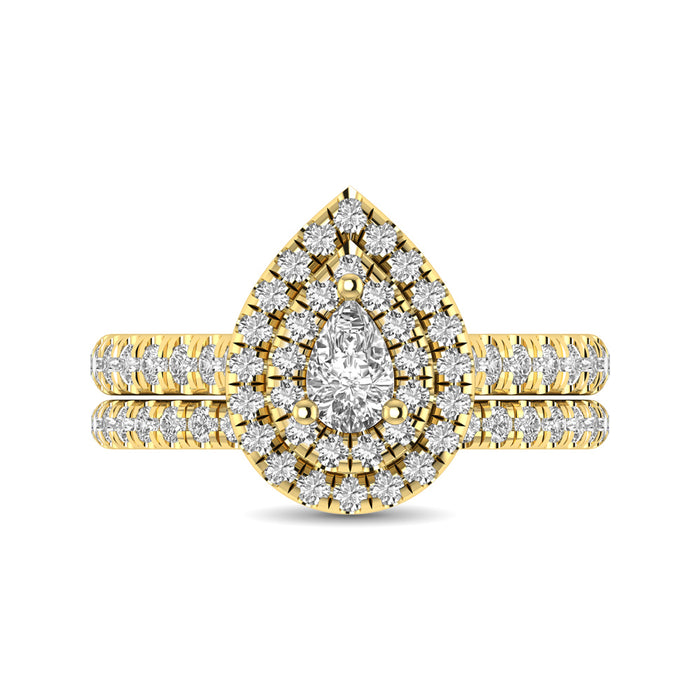 Diamond Classic Shank Double Halo Bridal Ring 1 ct tw Pear Cut in 14K Yellow Gold