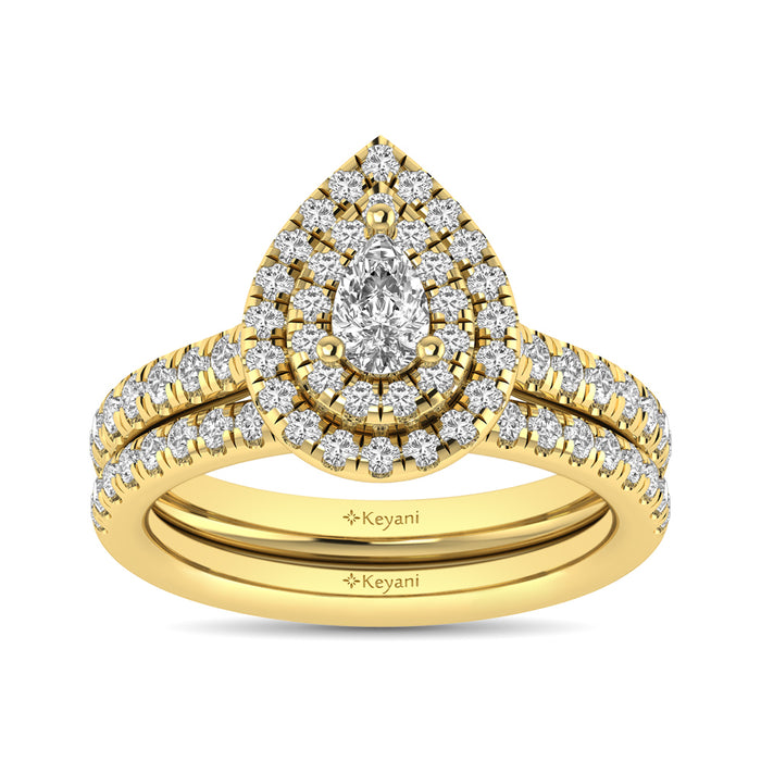 Diamond Classic Shank Double Halo Bridal Ring 1 ct tw Pear Cut in 14K Yellow Gold