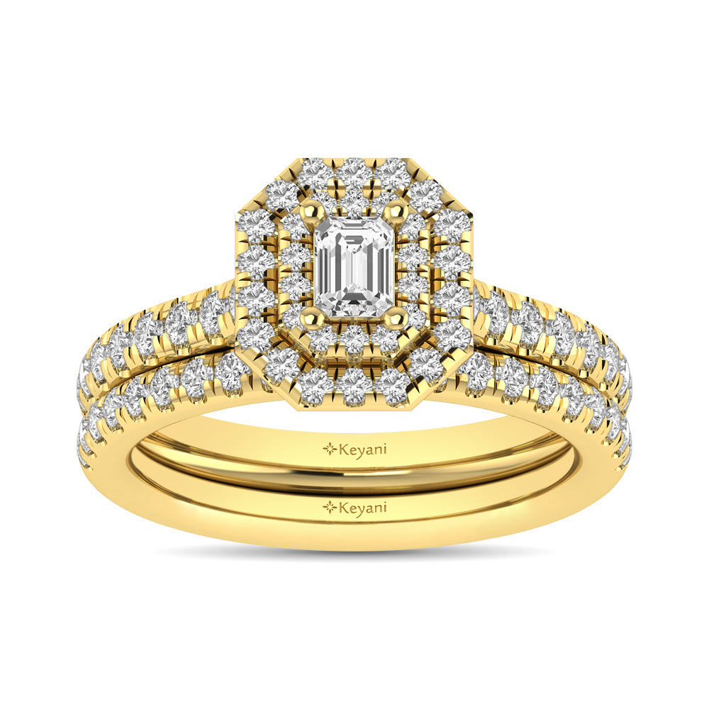 Diamond Classic Shank Double Halo Bridal Ring 1 ct tw Emerald Cut in 14K Yellow Gold