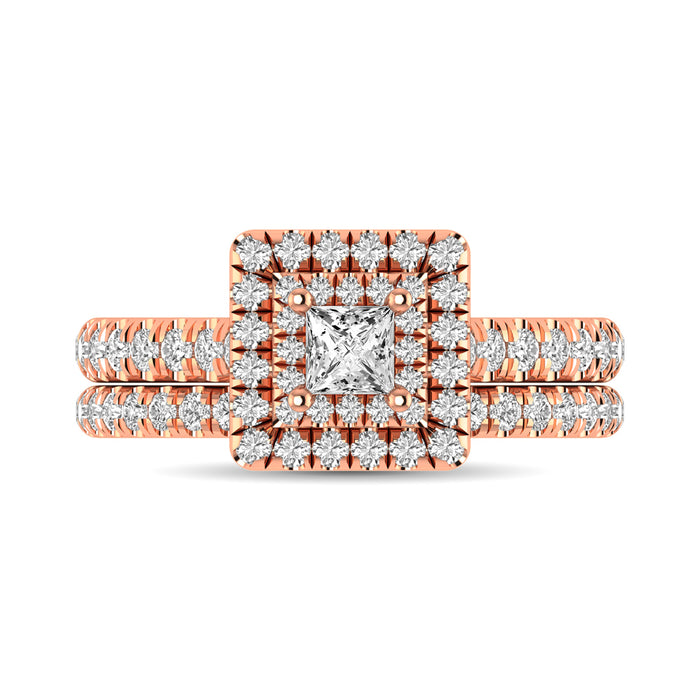 Diamond Classic Shank Double Halo Bridal Ring 1 ct tw Princess Cut in 14K Rose Gold