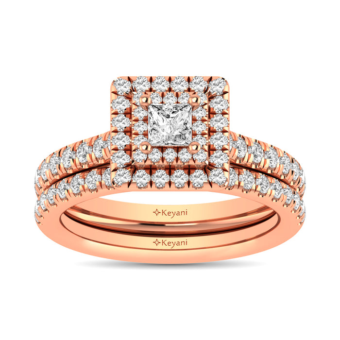 Diamond Classic Shank Double Halo Bridal Ring 1 ct tw Princess Cut in 14K Rose Gold