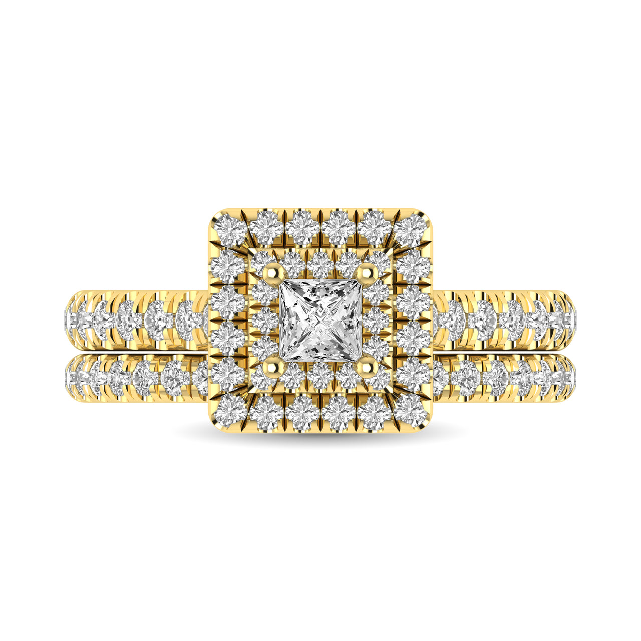 Diamond Classic Shank Double Halo Bridal Ring 1 ct tw Princess Cut in 14K Yellow Gold