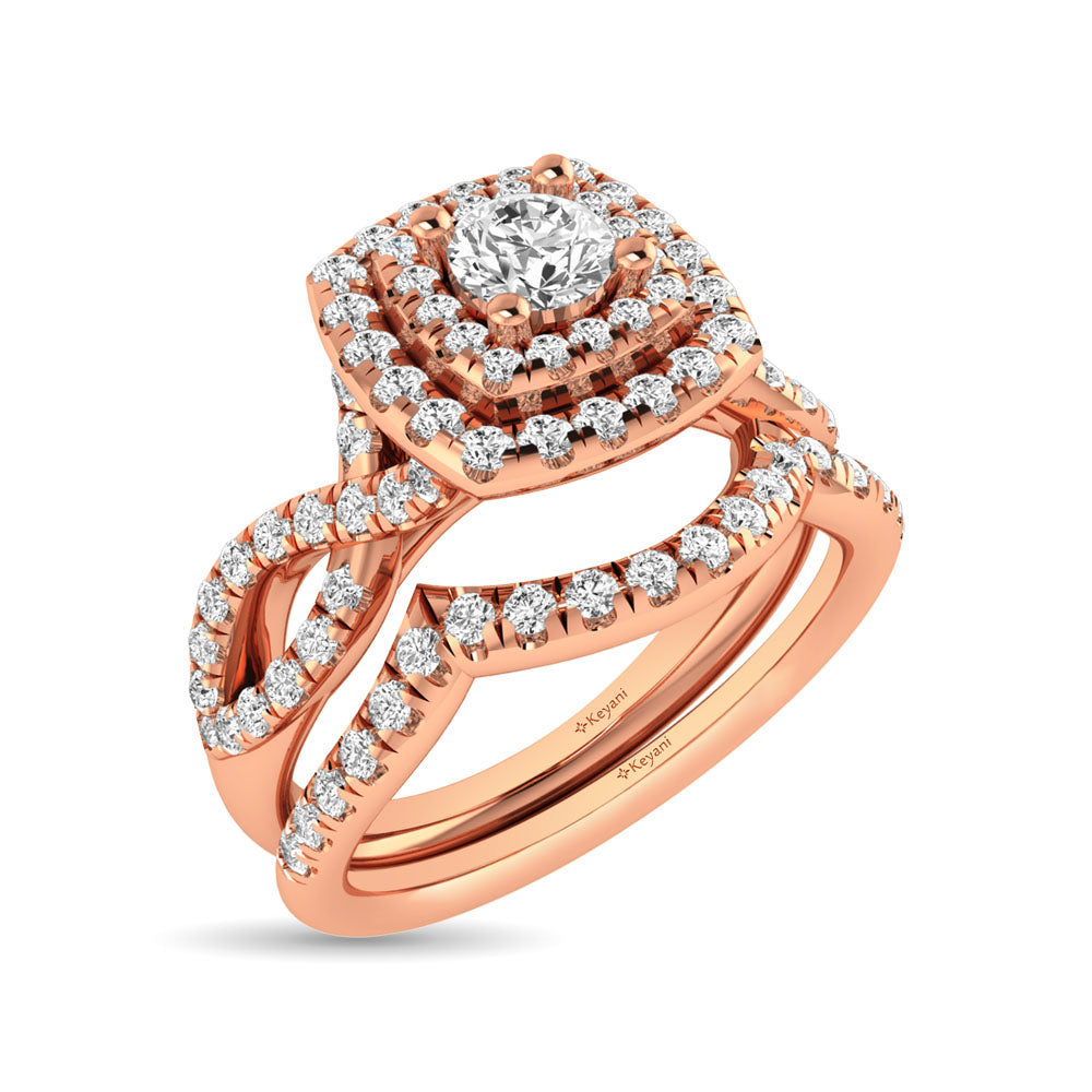 Diamond  Twist Shank Double Halo Bridal Ring 3/4 ct tw Round Cut in 14K Rose Gold