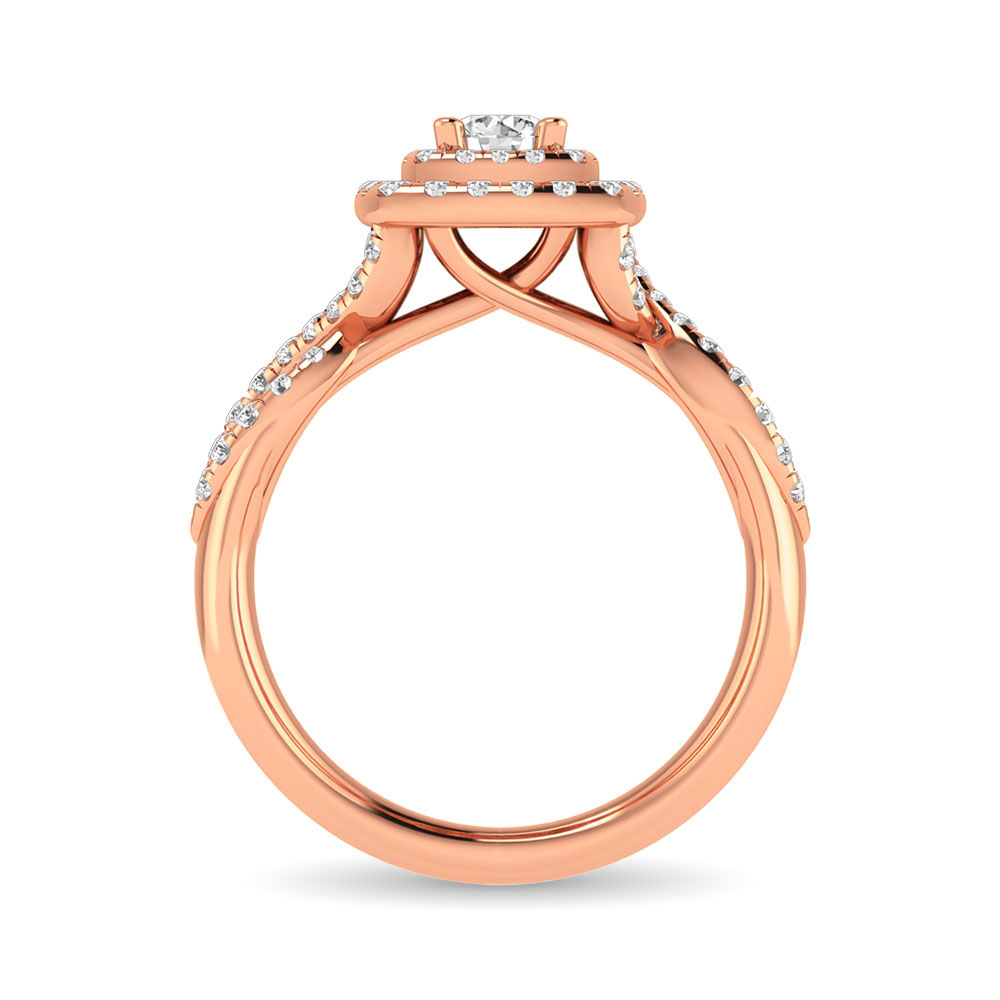 Diamond  Twist Shank Double Halo Bridal Ring 3/4 ct tw Round Cut in 14K Rose Gold