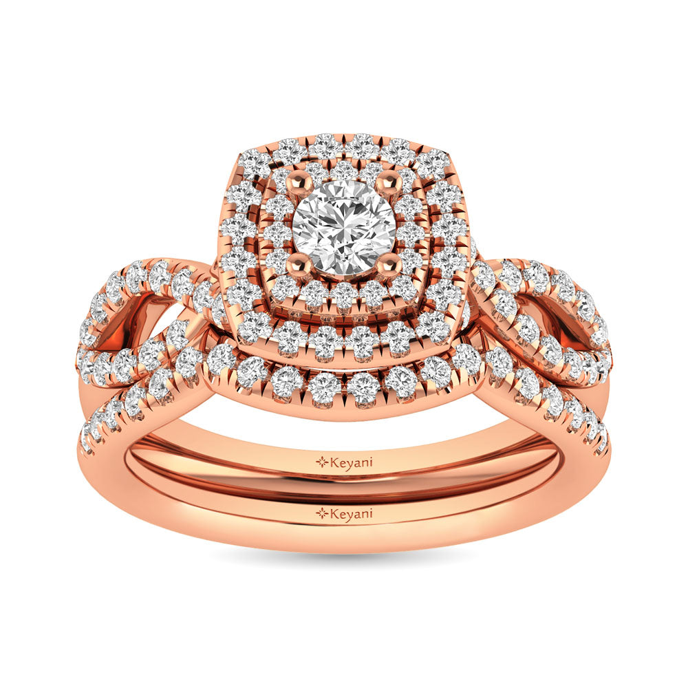 Diamond  Twist Shank Double Halo Bridal Ring 1 ct tw Round Cut in 14K Rose Gold