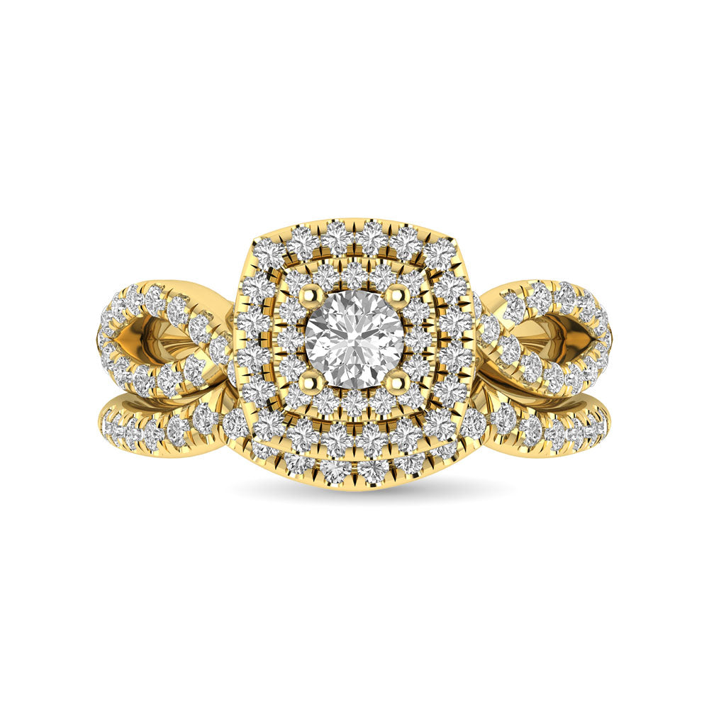 Diamond  Twist Shank Double Halo Bridal Ring 3/4 ct tw Round Cut in 14K Yellow Gold