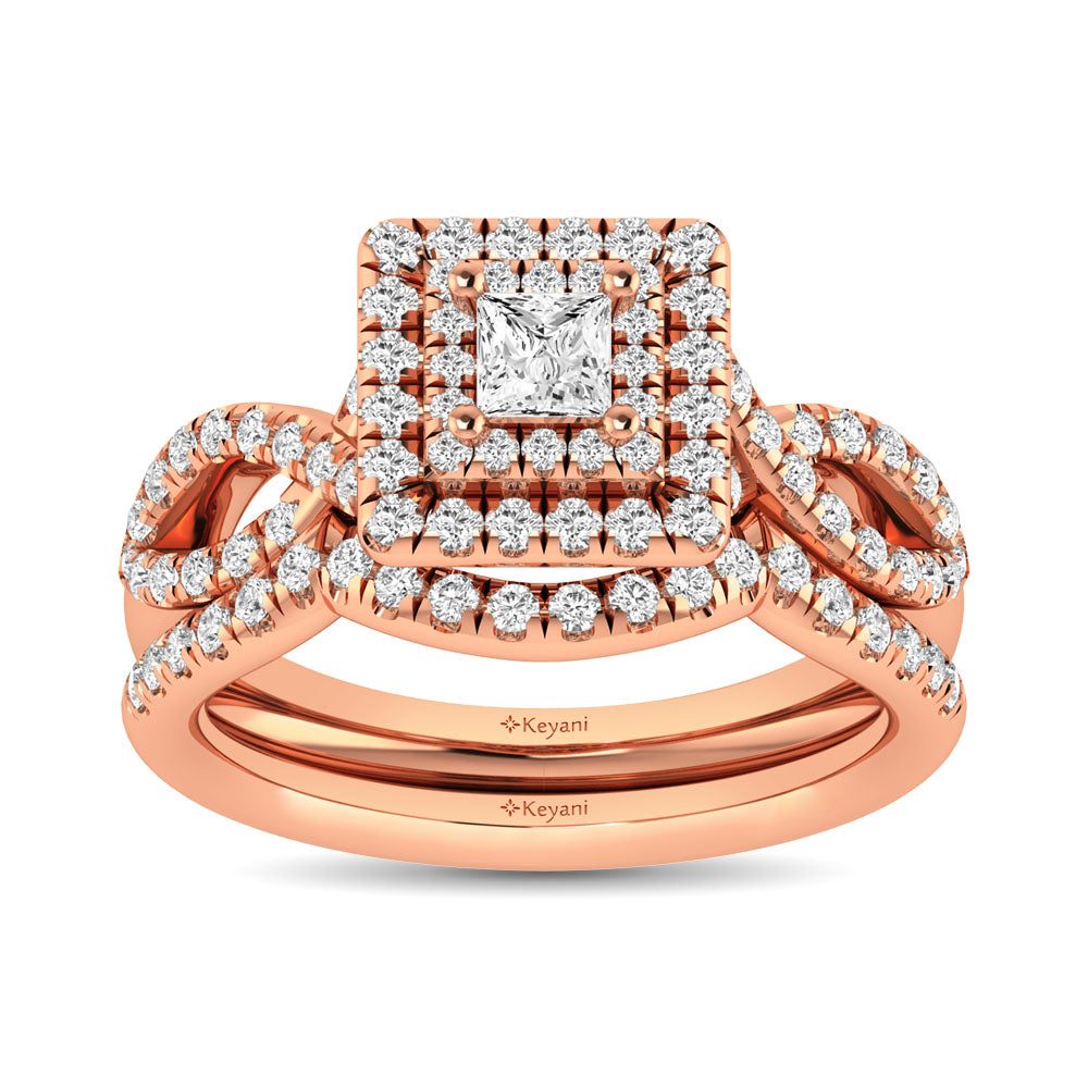 Diamond 1 Ct.Tw. Round and Princess Bridal Ring in 14K Rose Gold