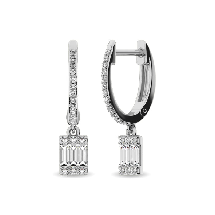 Diamond 1/3 Ct.Tw. Round and Baguette Hoop Earrings in 14K White Gold