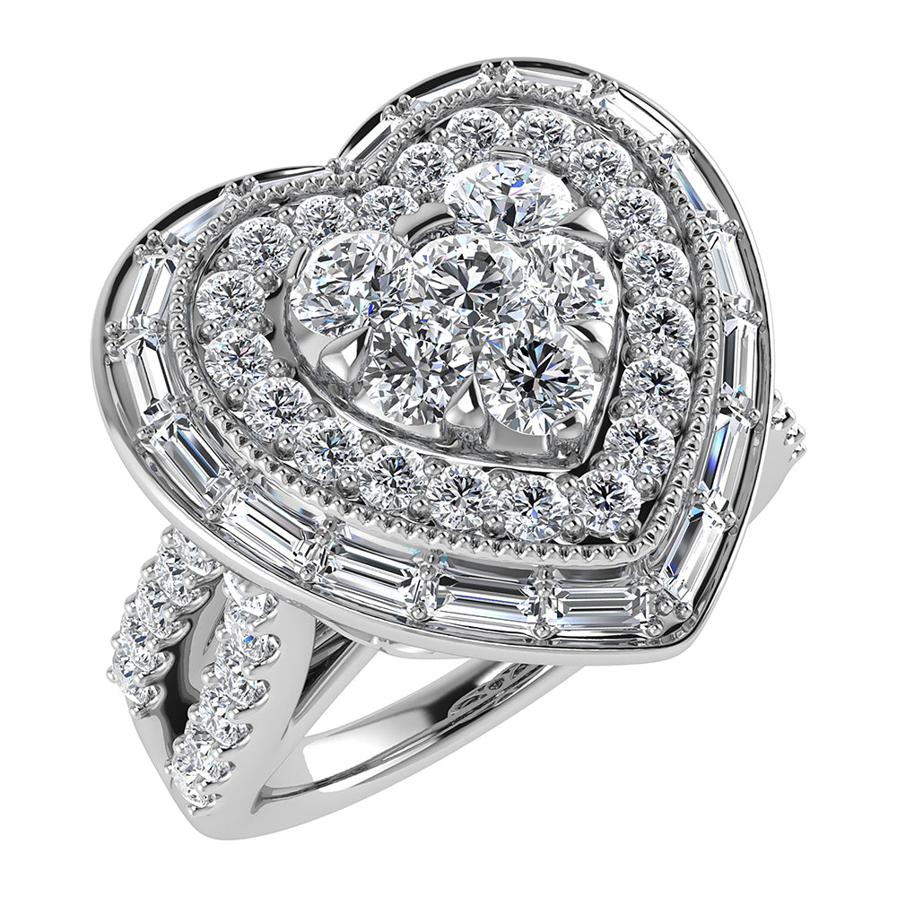 14K White Gold 1 1/2.Tw. Round and Straight Baguette Diamond Heart Ring