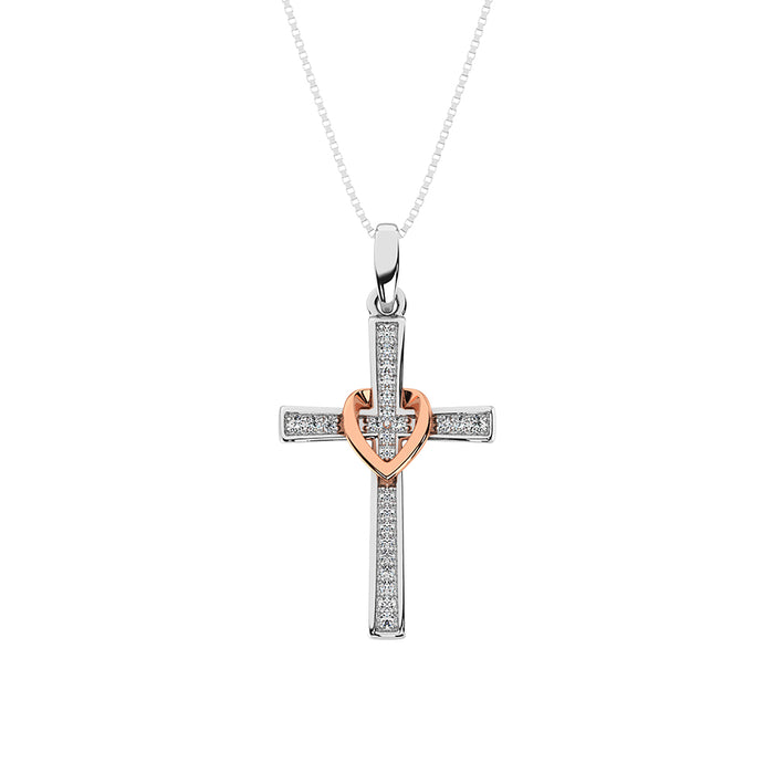 10K White Gold 1/10 Ct.Tw. Diamond Cross Pendant with Rose Gold Heart