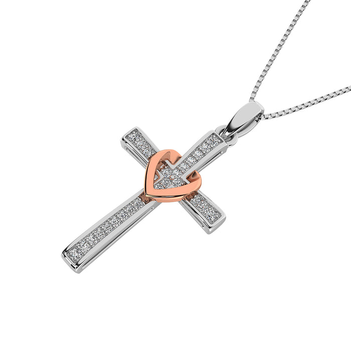 10K White Gold 1/10 Ct.Tw. Diamond Cross Pendant with Rose Gold Heart