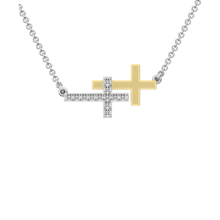 10K Two Tone Gold 1/6 Ct.Tw. Diamond Duel Cross Necklace