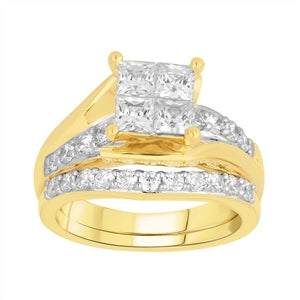 LADIES BRIDAL RING SET 2 CT ROUND/PRINCESS DIAMOND 14K YELLOW GOLD