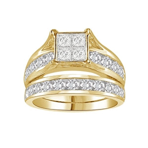 LADIES BRIDAL RING SET 2 CT ROUND/PRINCESS DIAMOND 14K YELLOW GOLD