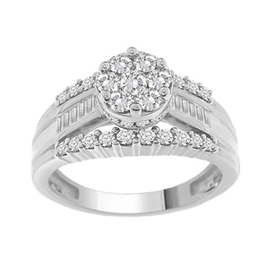 LADIES RING 1 CT ROUND/BAGUETTE DIAMOND 10K WHITE GOLD
