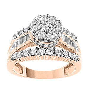 LADIES RING 1 1/2 CT ROUND/BAGUETTE DIAMOND 10K ROSE GOLD