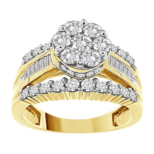 LADIES RING 1 1/2 CT ROUND/BAGUETTE DIAMOND 10K YELLOW GOLD