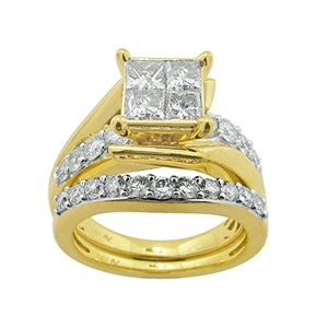 LADIES BRIDAL RING SET 3 CT ROUND/PRINCESS DIAMOND 14K YELLOW GOLD