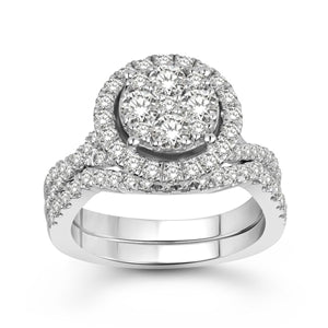 LADIES BRIDAL RING SET 1 1/2 CT ROUND DIAMOND 14K WHITE GOLD