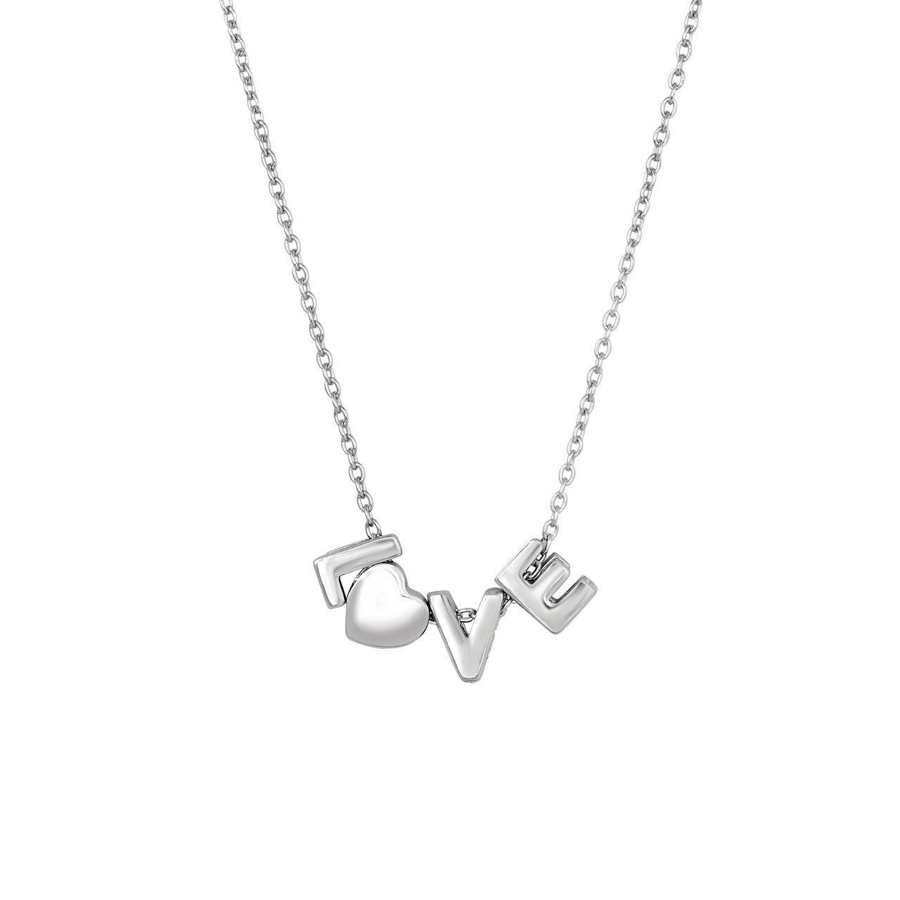 Silver 18 inches Rhodium Finish 6.7-1.2mm Shiny Adjustable  inchesL-Heart-V-E On 1.2mm Cable Link Fancy Necklace with Lobster Clasp