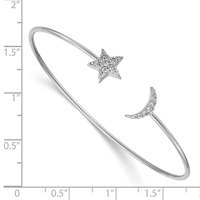 14k White Gold Diamond Moon and Star Flexible Cuff Bangle