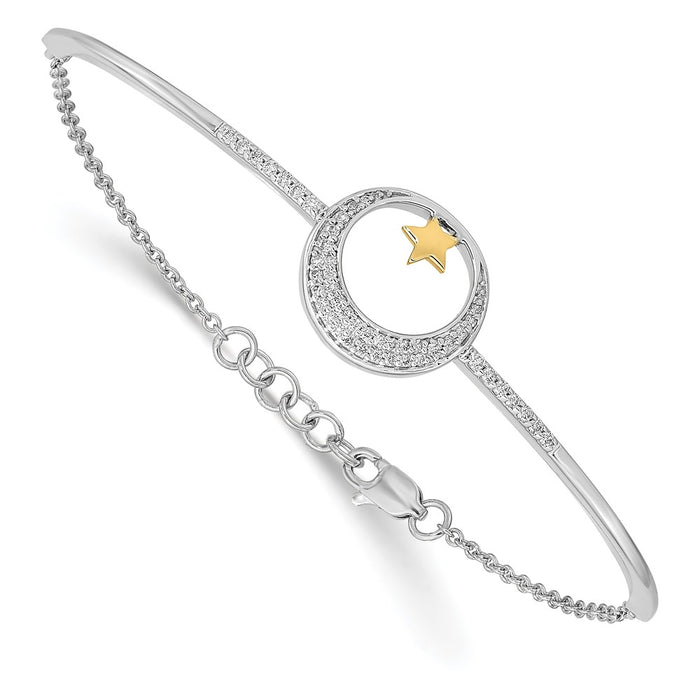 14k Two-tone Polish Moon w/Star Diamond 7in w/.5in ext Bracelet