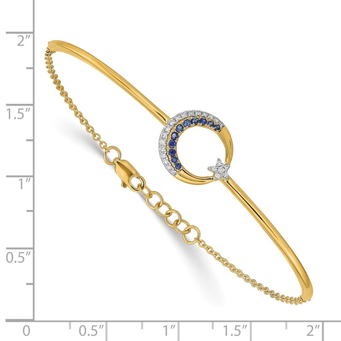 14k Diamond and Sapphire Moon and Star 7in w/.5in ext Bar Bracelet