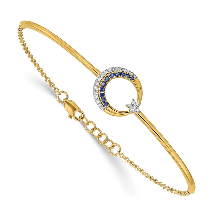 14k Diamond and Sapphire Moon and Star 7in w/.5in ext Bar Bracelet