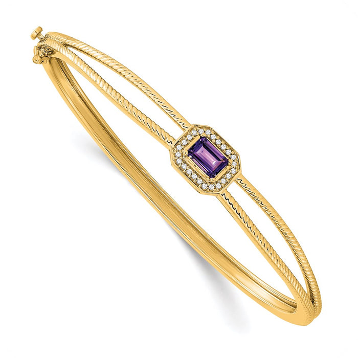 14k Emerald-shape Amethyst and Diamond Halo Bangle