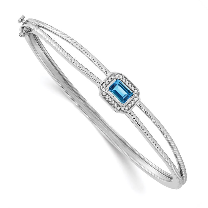 14k White Gold Emerald-shape Blue Topaz and Diamond Halo Bangle