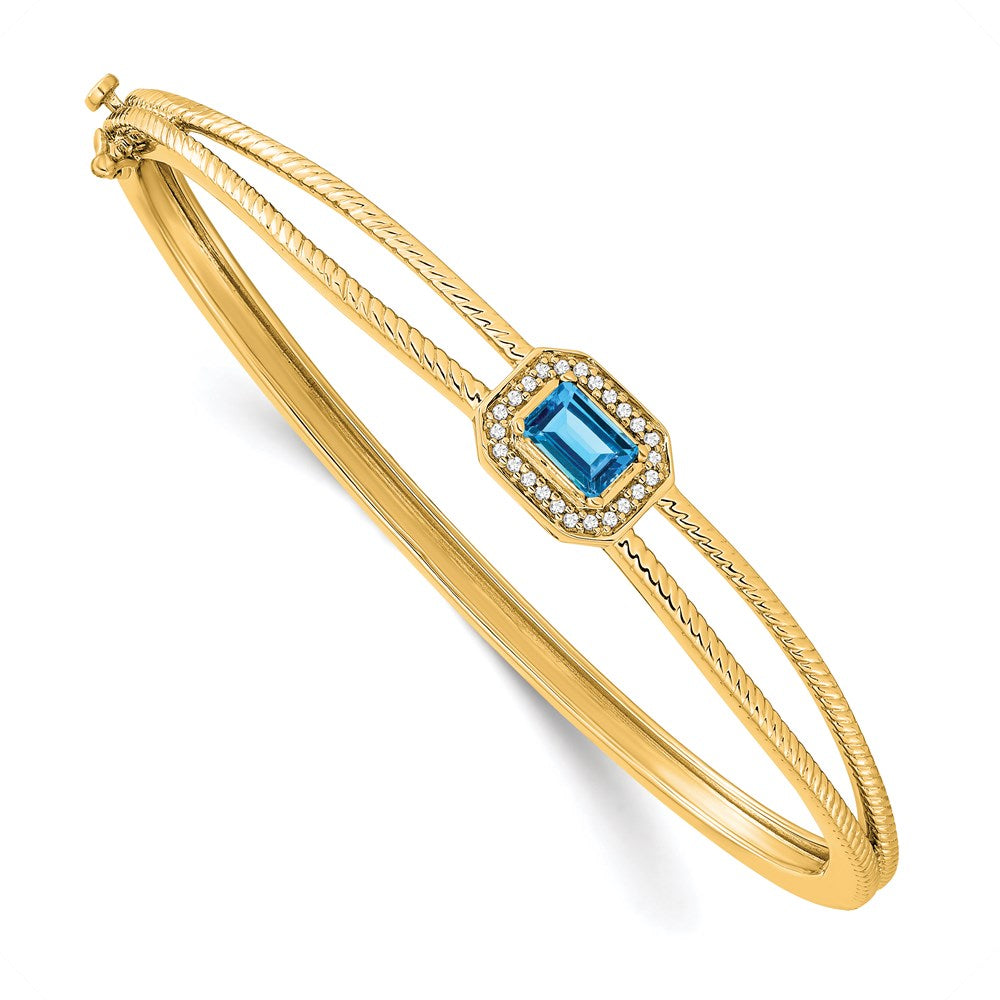 14k Emerald-shape Blue Topaz and Diamond Halo Bangle