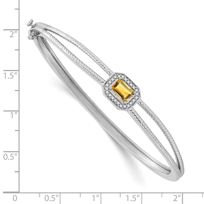 14k White Gold Emerald-shape Citrine and Diamond Halo Bangle