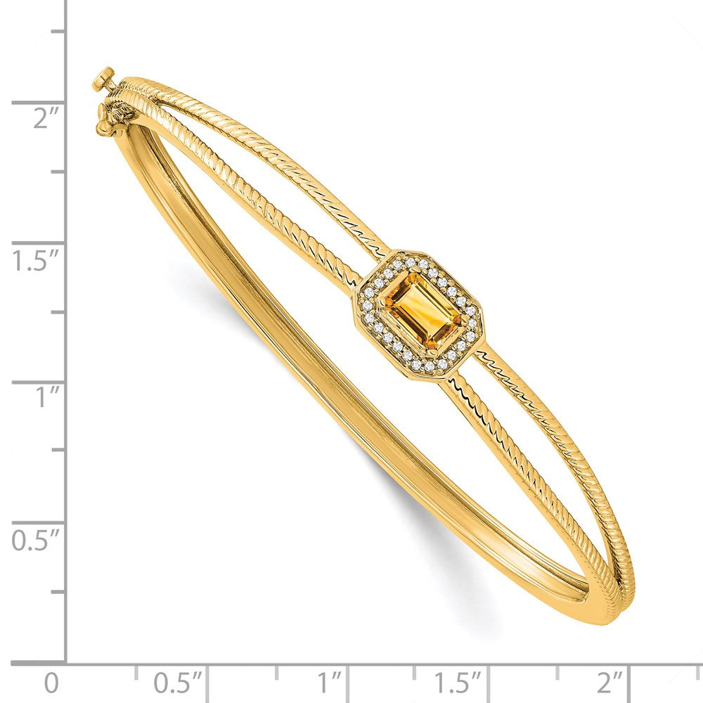 14k Emerald-shape Citrine and Diamond Halo Bangle