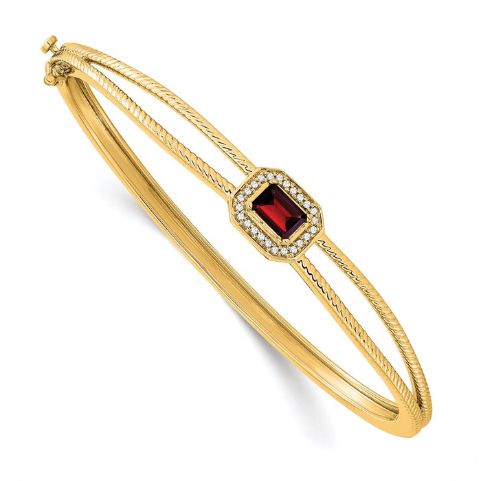 14k Emerald-shape Garnet and Diamond Halo Bangle