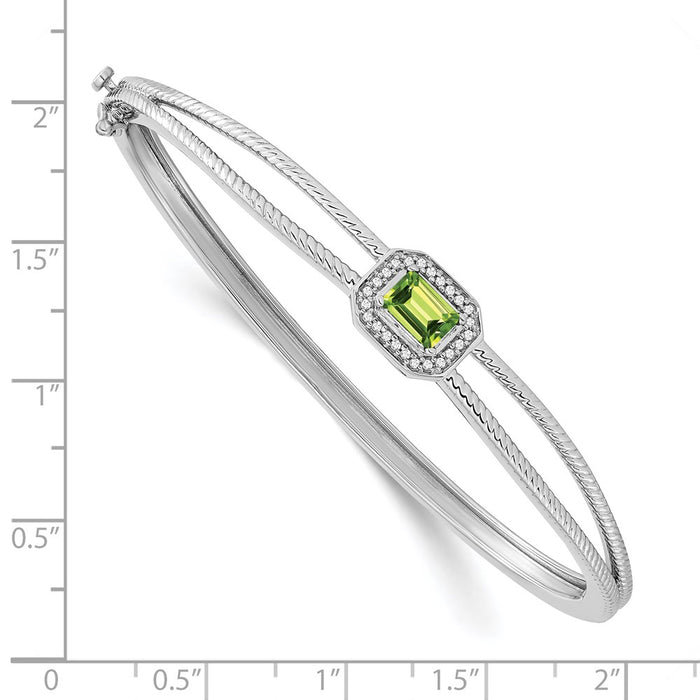 14k White Gold Emerald-shape Peridot and Diamond Halo Bangle