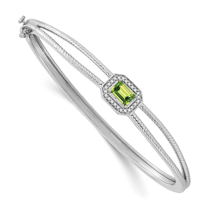 14k White Gold Emerald-shape Peridot and Diamond Halo Bangle