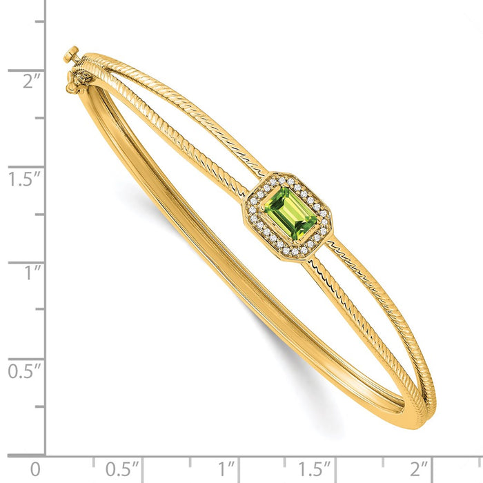 14k Emerald-shape Peridot and Diamond Halo Bangle