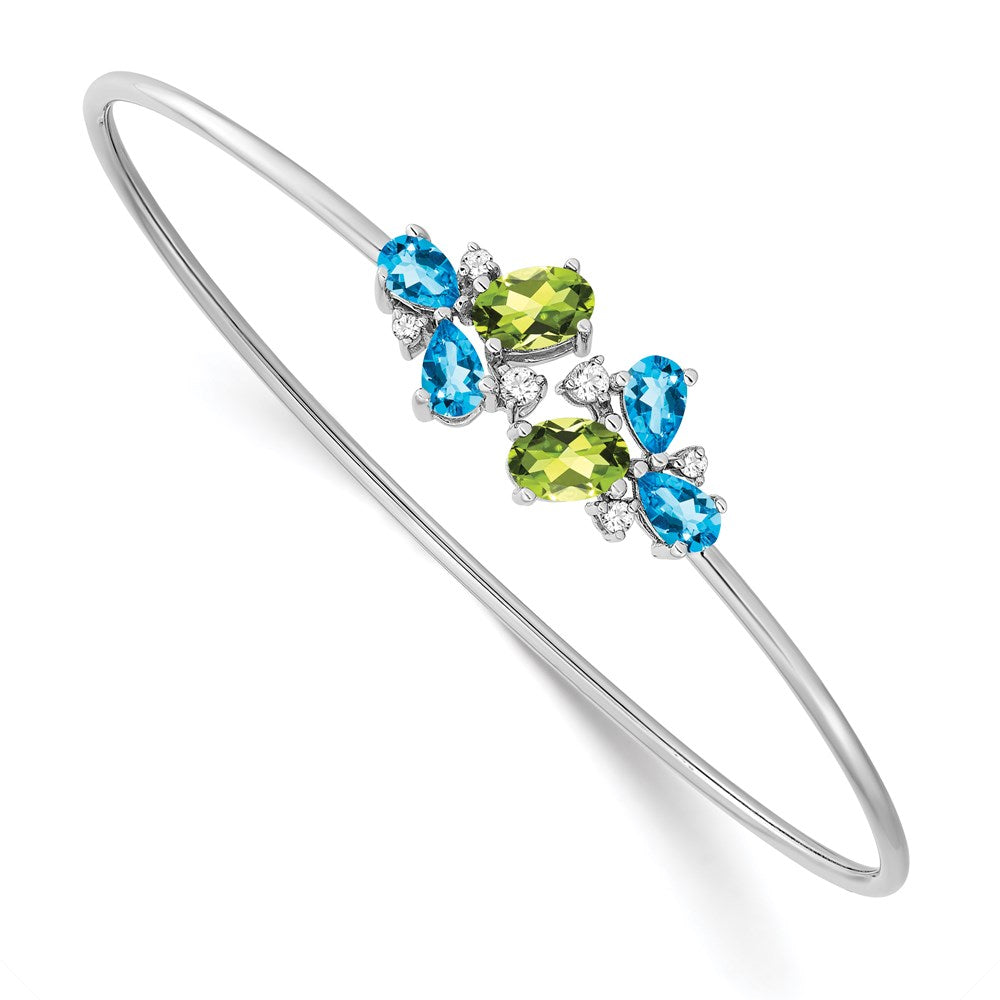 14k White Gold Blue Topaz/Peridot/Diamond Bangle