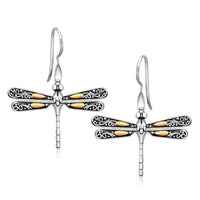 Thumbnail for 18k Yellow Gold and Sterling Silver Dragonfly Motif Drop Earrings