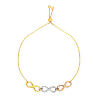 Thumbnail for Adjustable Bracelet with Infinity Symbols in 14k Tri Color Gold