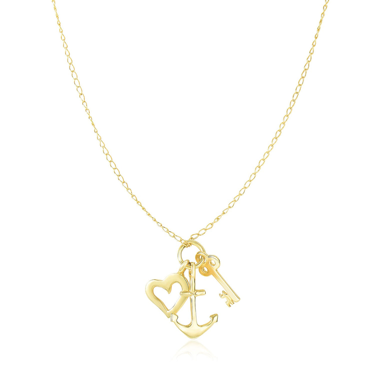 14k Yellow Gold Anchor   Heart   and Skeleton Key Cluster Charm Necklace